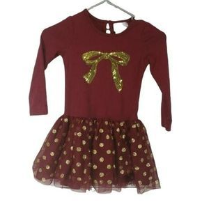 Rare Edition Girl Burgundy Gold Glitter Bow Long Sleeve Tulle Skirt Dress Size 5